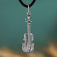 Sterling silver pendant necklace, 'Sonata in Silver' - Violin-Themed Polished Sterling Silver Cord Pendant Necklace