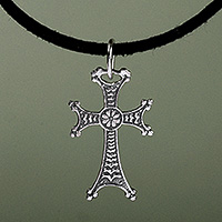 Sterling silver pendant necklace, 'Faithful Soul' - Armenian Oxidized Sterling Silver Cross Pendant Necklace