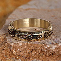 Brass band ring, 'Radiant Floral Delight' - Floral-Themed Brass Band Ring with Oxidized Polished Finish