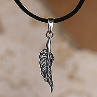 Sterling silver long pendant necklace, 'Soft Feather' - Adjustable Silver Feather-Themed Long Pendant Necklace