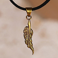 Brass pendant necklace, 'Tribute of Freedom' - Armenian-Inspired Antiqued Brass Feather Pendant Necklace