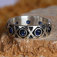 Crystal band ring, 'Blue Finesse' - Criss-Cross Themed Blue Crystal Sterling Silver Band Ring