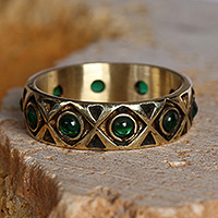 Crystal band ring, 'Green Finesse' - Brass Band Ring with Criss-Cross Design and Green Crystals