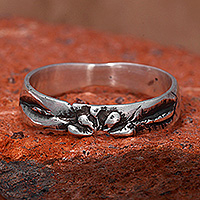 Sterling silver band ring, 'Blossoming Silver' - Floral Oxidized and Polished 925 Sterling Silver Band Ring