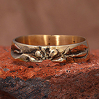 Brass band ring, 'Blossoming Golden' - Oxidized and Polished Brass Band Ring with Floral Motifs