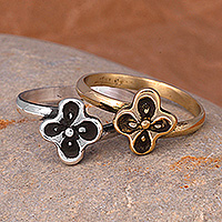 Sterling silver and brass cocktail rings, 'Floral Dyad' (set of 2) - 2-Piece Sterling Silver and Brass Spring Cocktail Ring Set