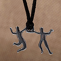 Sterling silver pendant necklace, 'Bright Together' - Polished Sterling Silver and Faux Leather Pendant Necklace