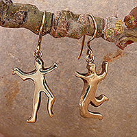 Brass dangle earrings, 'Radiant Together' - Dance-Themed Antiqued Brass Dangle Earrings from Armenia