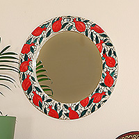 Ceramic mirror, 'Pomegranate Glory' - Artisan-Made Pomegranate-Themed Glazed Round Ceramic Mirror