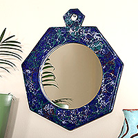 Ceramic mirror, 'Azure Jewel' - Handcrafted Azure Jewel-Shaped Ceramic Mirror from Armenia