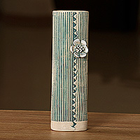 Ceramic vase, 'Peaceful Bloom' - Fair Trade Teal and Ivory Ceramic Vase with Floral Accent