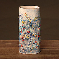 Ceramic vase, 'Paradisial Blue' - Glazed Spring-Themed Blue Ceramic Vase Crafted in Armenia