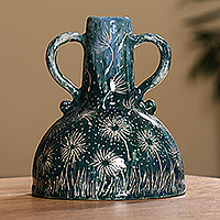 Ceramic vase, 'Dandelion Dreams' - Dandelion-Themed Hand-Painted Teal Ceramic Vase from Armenia