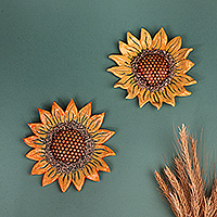 Ceramic wall accents,  'Sunflower Everyday' (pair) - Glazed Sunflower-Shaped Painted Ceramic Wall Accent Pair