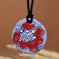 Ceramic pendant necklace, 'Crimson Sentiments' - Crimson and Blue Adjustable Glazed Ceramic Pendant Necklace