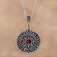 Crystal and sterling silver pendant necklace, 'Solar Stone' - Antiqued Crystal and Sterling Silver Sun Pendant Necklace