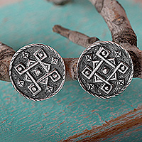 Sterling silver button earrings, 'Cycle of Traditions' - Folk Art-Themed Oxidized Sterling Silver Button Earrings