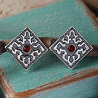 Crystal and sterling silver button earrings, 'Kingdom Jewel' - Diamond-Shaped Crystal and Sterling Silver Button Earrings