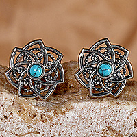 Sterling silver button earrings, 'Eternal Blossom' - Floral Recon Turquoise and Sterling Silver Button Earrings