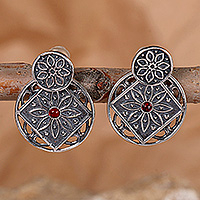 Crystal and sterling silver button earrings, 'Fiery Harmony' - Oxidized Floral Crystal and Sterling Silver Button Earrings