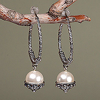 Cultured pearl half-hoop earrings, 'Lunar Ocean' - Oxidized Classic Sterling Silver and Pearl Dangle Earrings