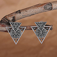 Sterling silver button earrings, 'Harmonious Triad' - Triangular Sterling Silver Button Earrings Made in Armenia