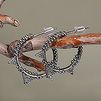 Sterling silver half-hoop earrings, 'Geometric Boldness' - Geometric-Themed Oxidized Sterling Silver Half-Hoop Earrings