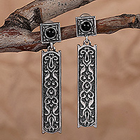 Onyx dangle earrings, 'Banner of Mysticism' - Folk Art Oxidized Sterling Silver and Onyx Dangle Earrings