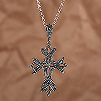 Sterling silver pendant necklace, 'Cross of Petals' - Traditional Floral Sterling Silver Cross Pendant Necklace