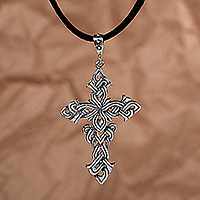 Sterling silver pendant necklace, 'Cross of Vines' - Armenian Vine-Themed Sterling Silver Cross Pendant Necklace