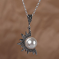 Cultured pearl pendant necklace, 'Afternoon Pearl' - Cultured Pearl and Sterling Silver Half-Sun Pendant Necklace