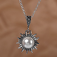 Cultured pearl pendant necklace, 'Sunrise Pearl' - Sun-Themed Cream Pearl and Sterling Silver Pendant Necklace