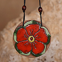 Ceramic pendant necklace, 'Petals in Mint' - Mint and Red Flower Ceramic Pendant Necklace from Armenia