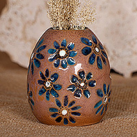 Ceramic vase, 'Azure Blooms' - Classic Artisan-Made Floral Azure and Brown Ceramic Vase