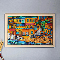 Batik wall art, 'Positano' - Naif-Themed Positano City Batik Silk Wall Art from Armenia