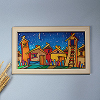 Batik wall art, 'The Night' - Hand-Painted Framed Batik Silk Wall Art of Armenian Town