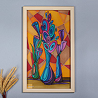 Batik wall art, 'Still Scape' - Semi-Abstract Still Life Batik Silk Wall Art with Wood Frame