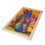 Batik wall art, 'Still Scape' - Semi-Abstract Still Life Batik Silk Wall Art with Wood Frame
