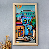 Batik wall art, 'Fairy Tale City' - Fair Trade Armenian Cityscape Batik Silk Wall Art with Frame