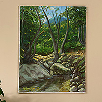 'The River in the Forest' - Impressionist Style Forest and River Oil on Canvas Painting