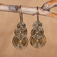 Brass drop earrings, 'Triple Illusion' - Fair Trade Antiqued Brass Spiral Drop Earrings from Armenia