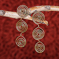 Brass drop earrings, 'Spiral Runway' - Armenian-Made Spiral-Themed Antiqued Brass Drop Earrings