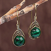 Malachite drop earrings, 'Green Orbs' - Modern Brass Drop Earrings with Natural Malachite Gemstones