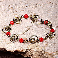 Agate station bracelet, 'Vibrant Spirals' - Handcrafted Spiral-Themed Agate Brass Station Bracelet