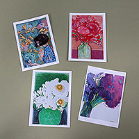 Photograph postcards, 'Floral Salute' (set of 4) - Floral Impressionist 4-Piece Paper Photograph Postcard Set