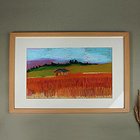 'Sunny Day' - Framed Oil Pastel on Paper Armenian Village Landscape