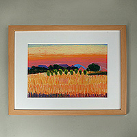 'Sunset' - Framed Oil on Paper Landscape Painting of Sunset on Field