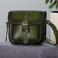 Leather sling bag, 'Sylvan Spirit' - Adjustable Green Leather Sling Bag with Belt Buckle Closure