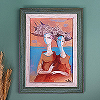 'Theatre Box' - Framed Acrylic on Canvas Surrealist Painting of Two Women