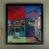 'Cats' - Expressionist Urbanscape Oil and Paper Painting with Frame